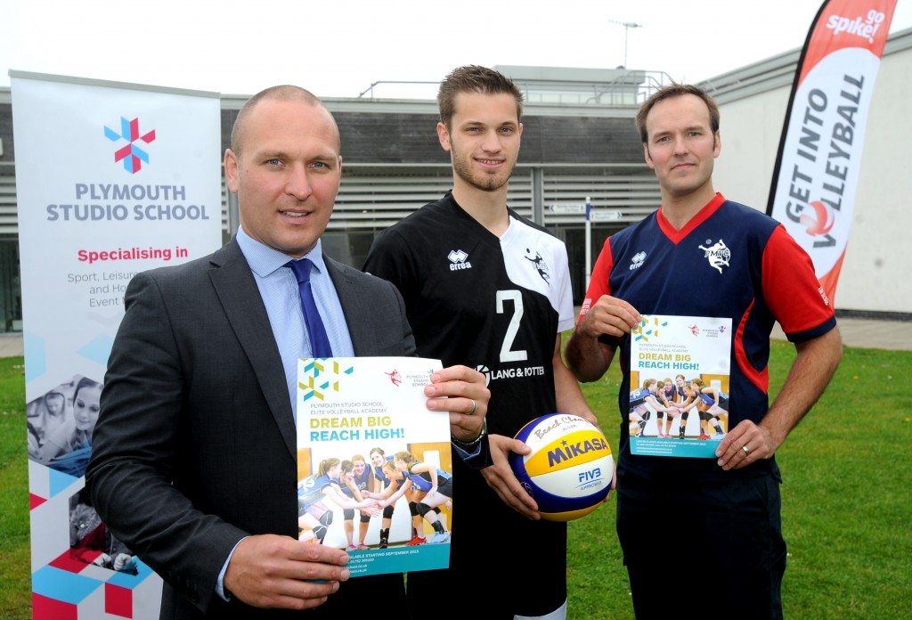 05/06/2015 - Pic by Lucy Davies Principal of Plymouth Studio School Matthew Lennon launches a Volleyball Academy with Plymouth Mayflower Volleyball Club chairman Rob Young and founder Andrew Potter. Reporter Jak Contact Andrew Potter 07971 498404