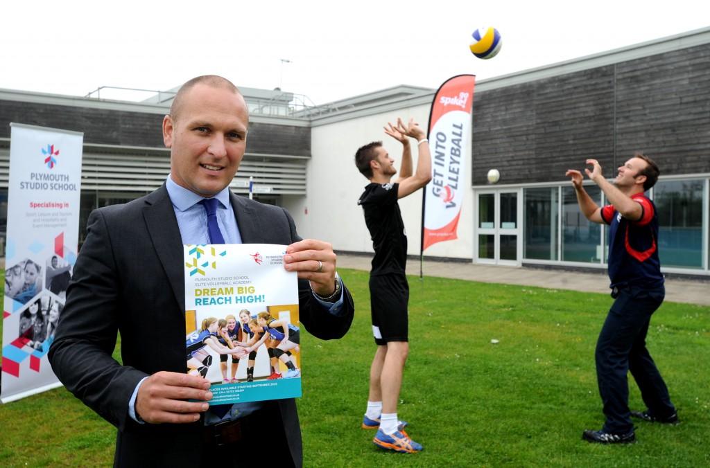 05/06/2015 - Pic by Lucy Davies Principal of Plymouth Studio School Matthew Lennon launches a Volleyball Academy with Plymouth Mayflower Volleyball Club chairman Rob Young and founder Andrew Potter. Reporter Jak Contact Andrew Potter 07971 498404
